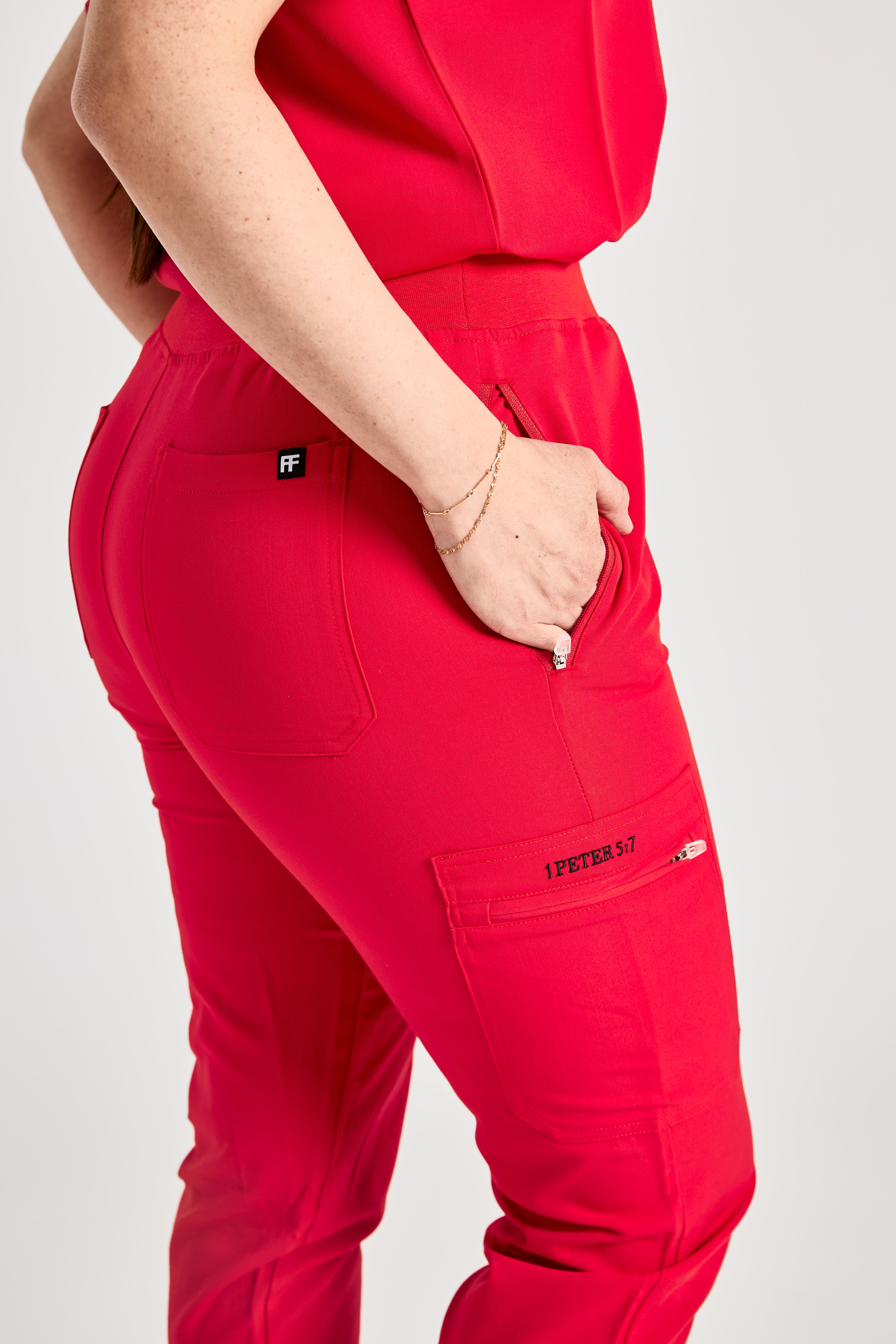 REDEEMED IN RED SCRUB SET