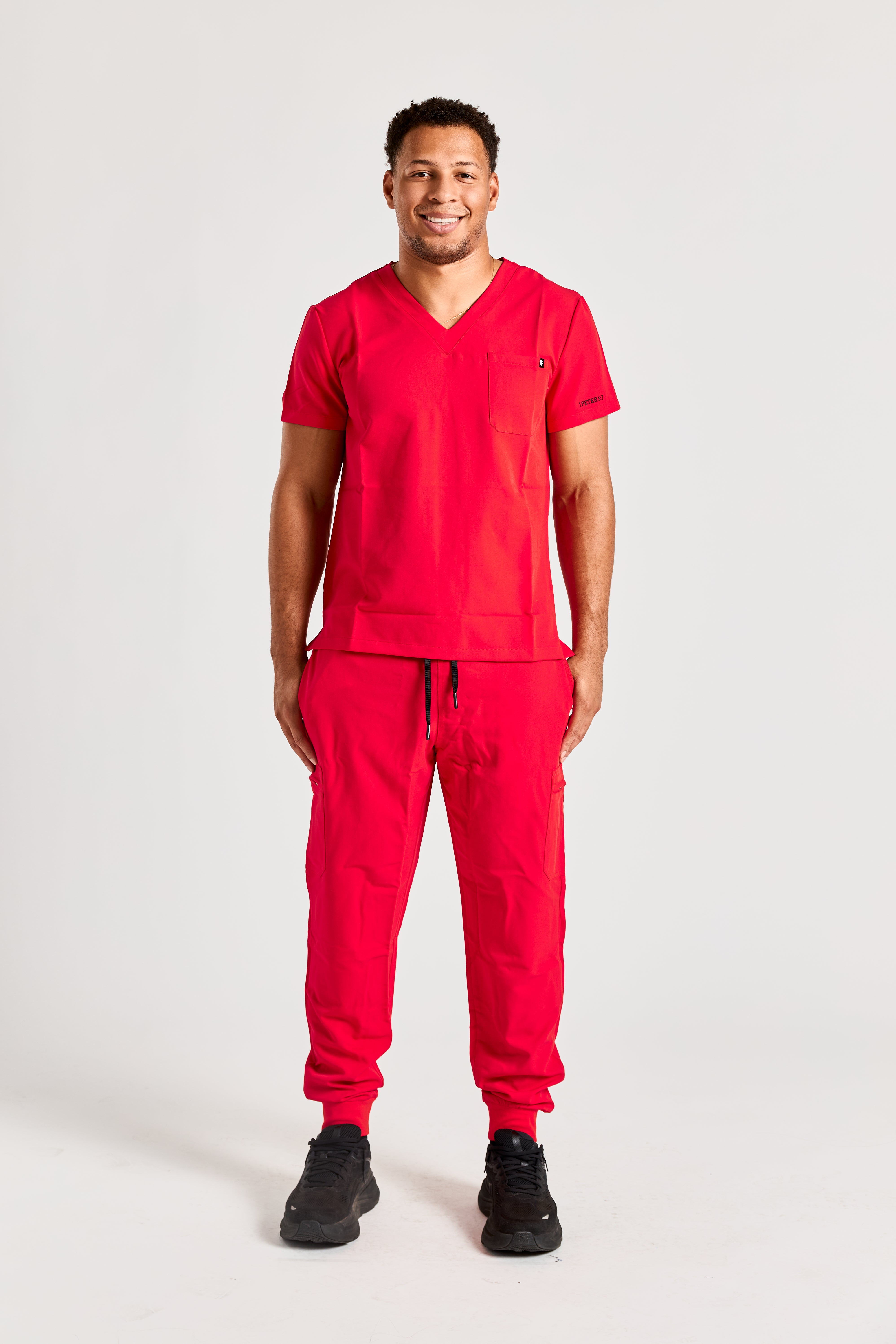 REDEEMED IN RED SCRUB SET