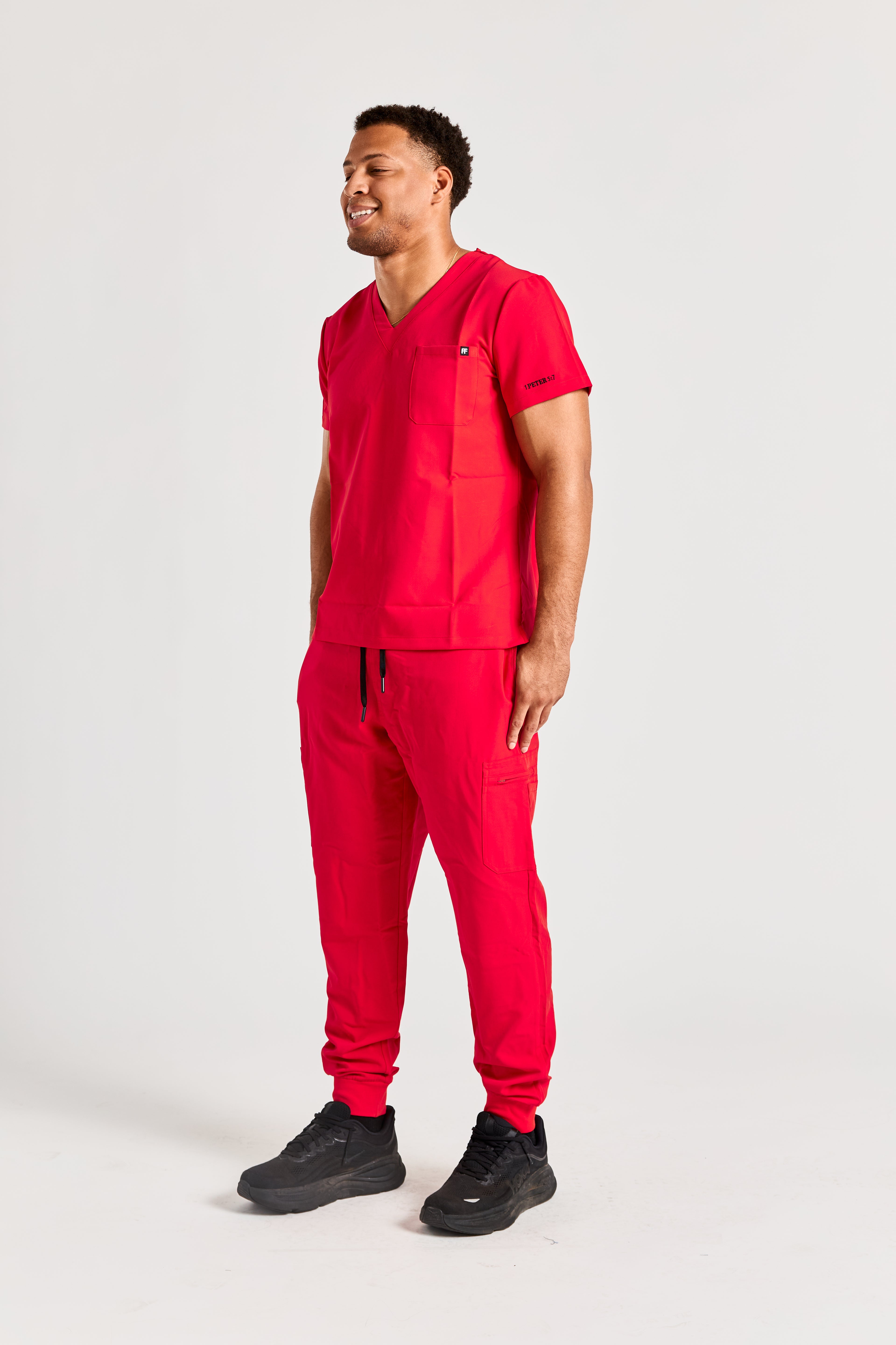 REDEEMED IN RED SCRUB SET